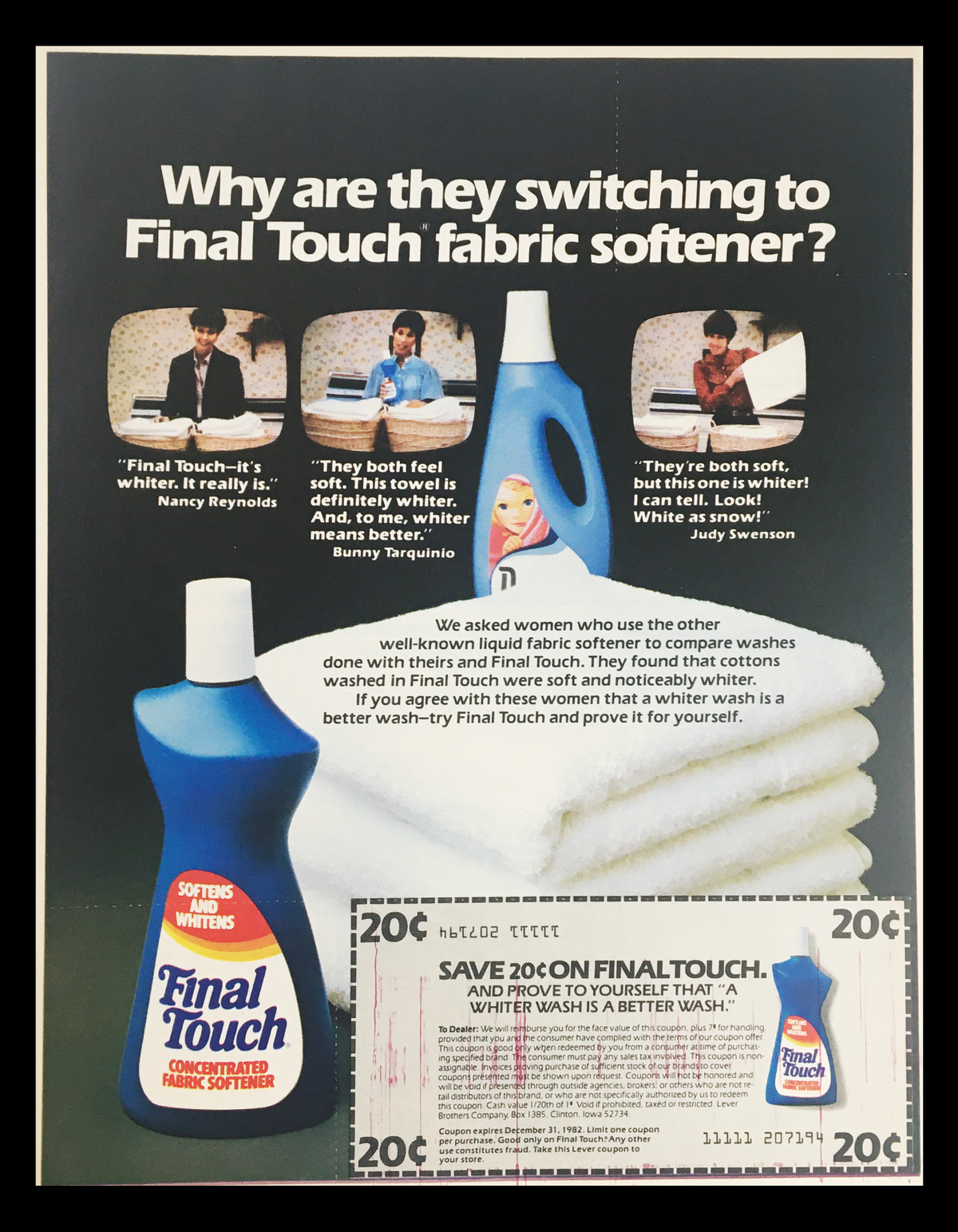 1982 Final Touch Concentrated Fabric Softener Circular Coupon Advertisement showcasing the product bottle and testimonials about its effectiveness on fabric softness and brightness.