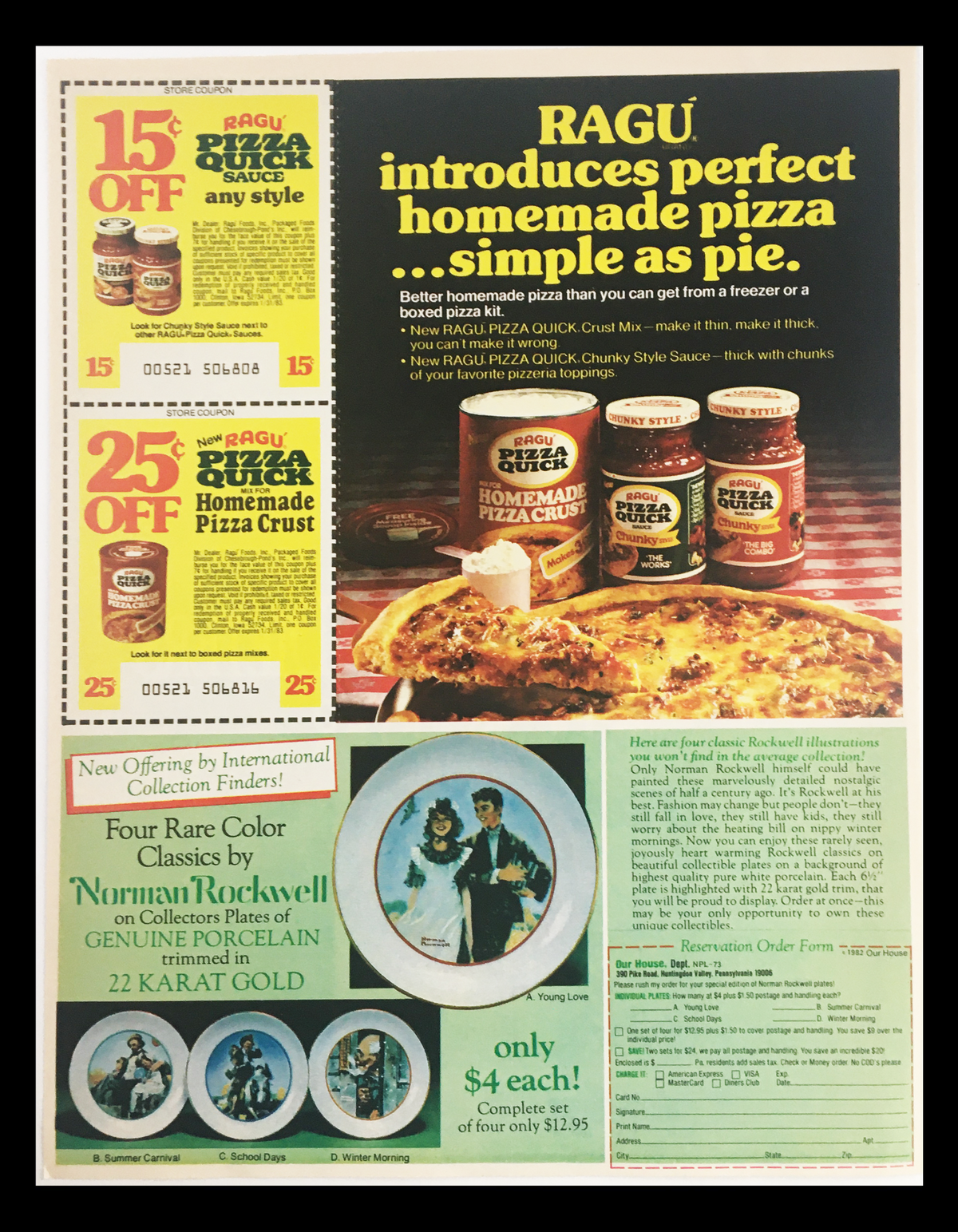 1982 RAGU Homemade Pizza Circular Coupon Advertisement showcasing discounts on RAGU sauces and pizza crusts, featuring an inviting image of homemade pizza and the coupon details.