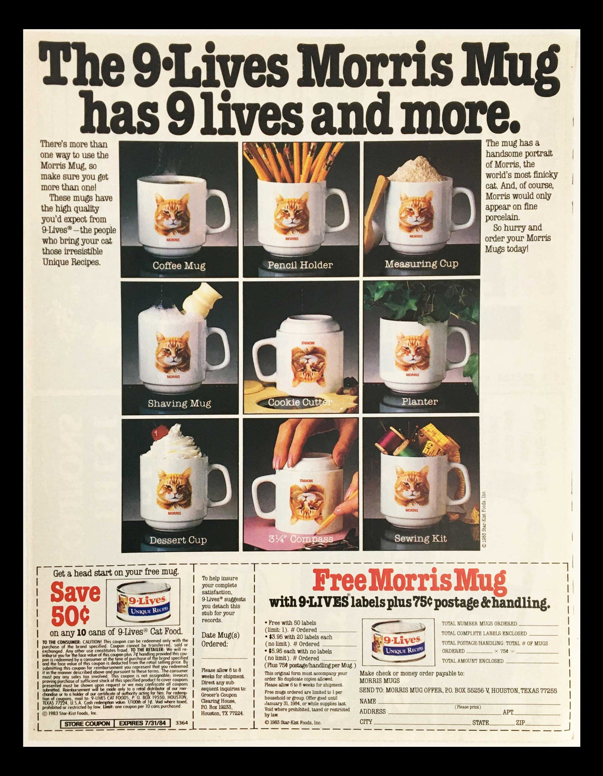 1983 9-Lives Cat Food Free Morris Mug Circular Coupon Advertisement featuring various mugs including a coffee mug, measuring cup, planter, and more, showcasing the unique designs of the Morris character.