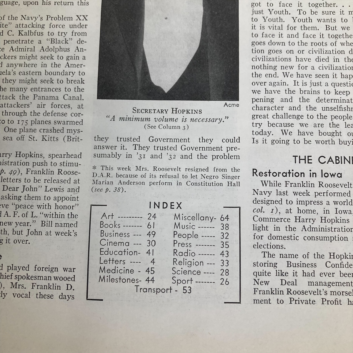 Inside page of VTG Time Magazine March 6 1939, detailing Secretary Hopkins and featuring various articles and index of the issue.