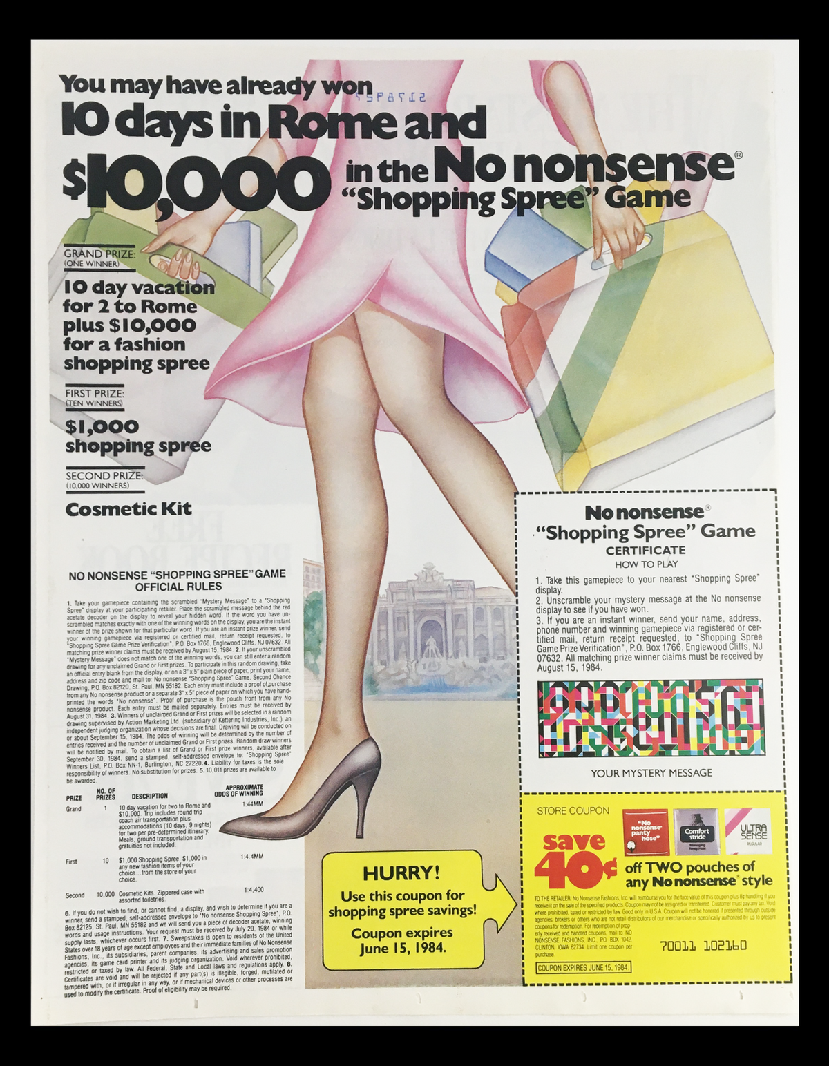 1984 Shopping Spree Game Certificate Circular Coupon Advertisement featuring promotional details for a fashion shopping spree, a vacation prize, and a cosmetic kit, illustrating a stylish woman with high heels standing in front of a grand building. Good condition, original copy, measuring 11 1/4 x 8 3/4.
