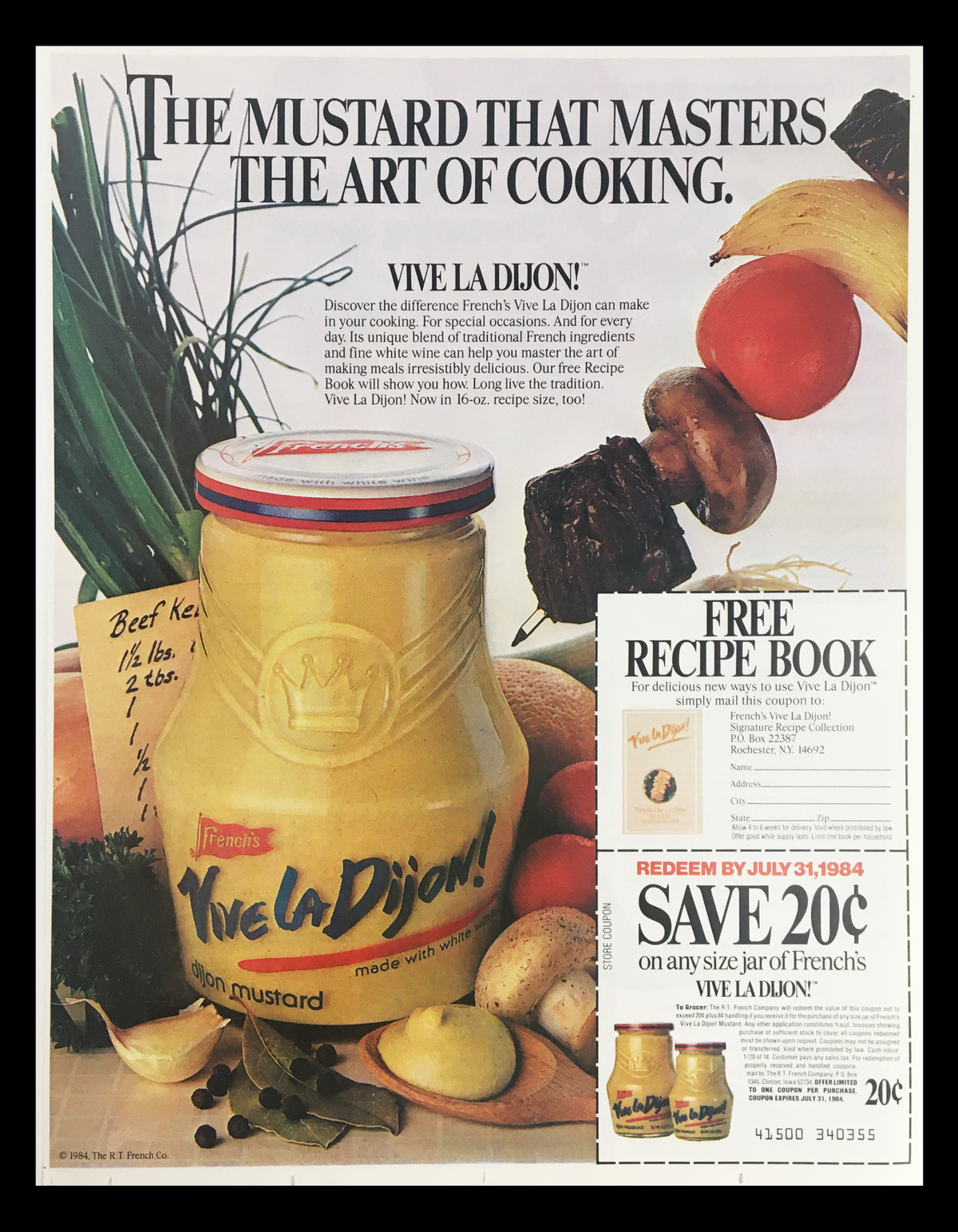 1984 Shopping Spree Game Certificate Circular Coupon Advertisement featuring an old mustard jar and promotional details, illustrating culinary tools and ingredients in a vintage style.