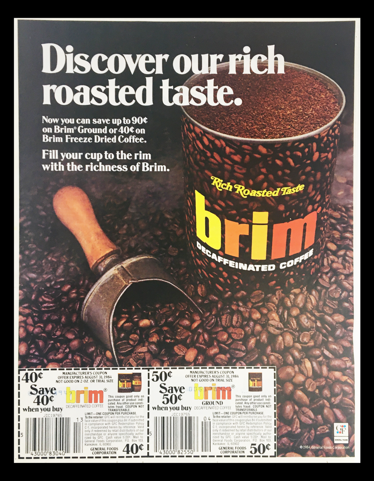 1984 Brim Decaffeinated Coffee Circular Coupon Advertisement featuring a rich coffee aesthetic with a scoop and coffee beans, emphasizing the savings on Brim products.