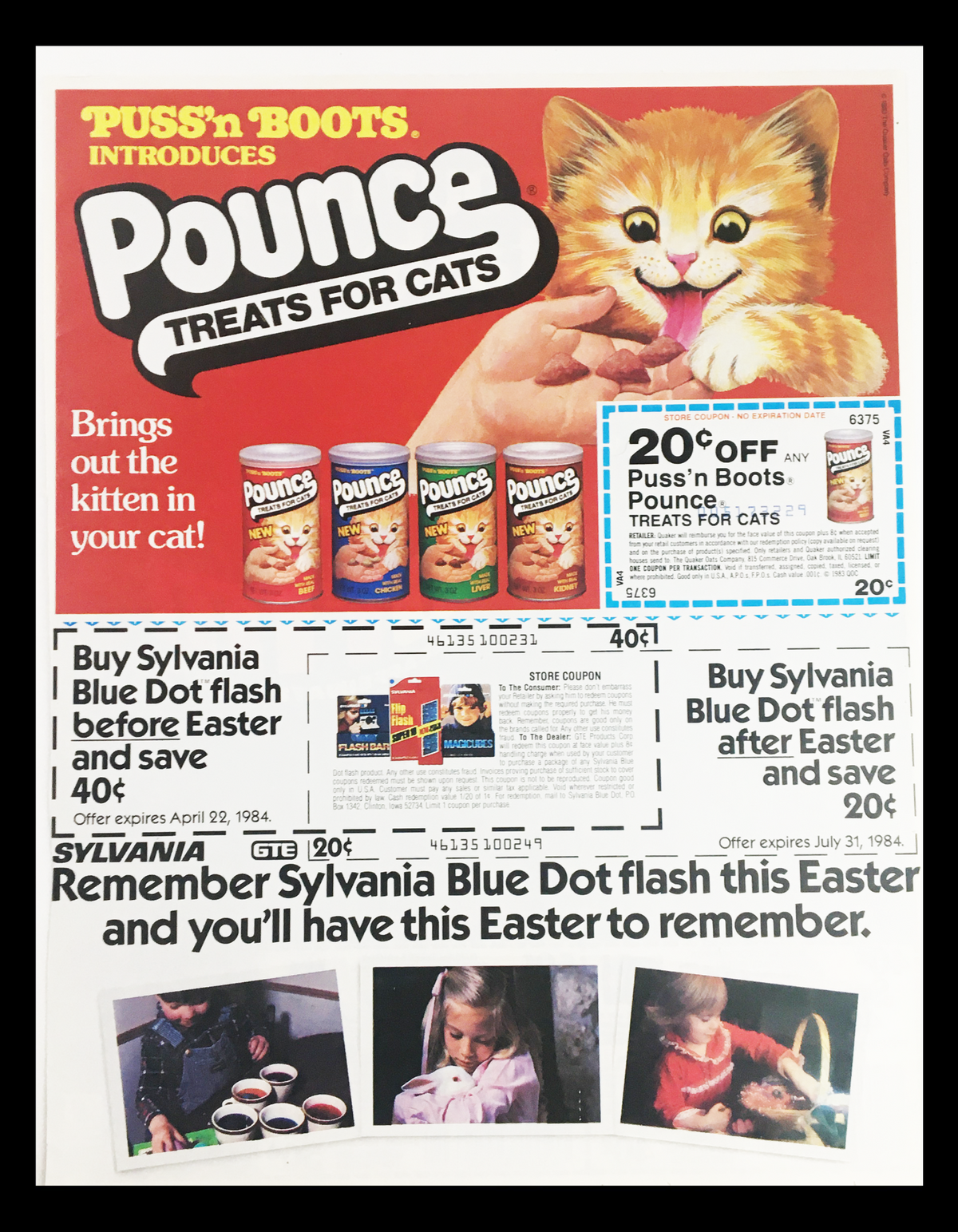 1984 Puss 'n Boots Introduces Pounce Treats for Cats advertisement showcasing various cat treat cans with a playful kitten, featuring promotional savings and coupons.