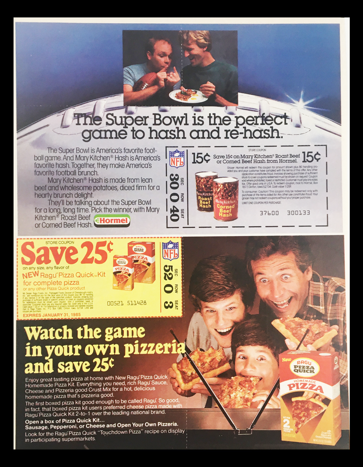 1984 NFL Eagle Brand & Realemon Circular Coupon Advertisement showcasing a Super Bowl theme with two people enjoying snacks and drinks, featuring promotions for Hormel and pizza offers, emphasizing a fun viewing experience.