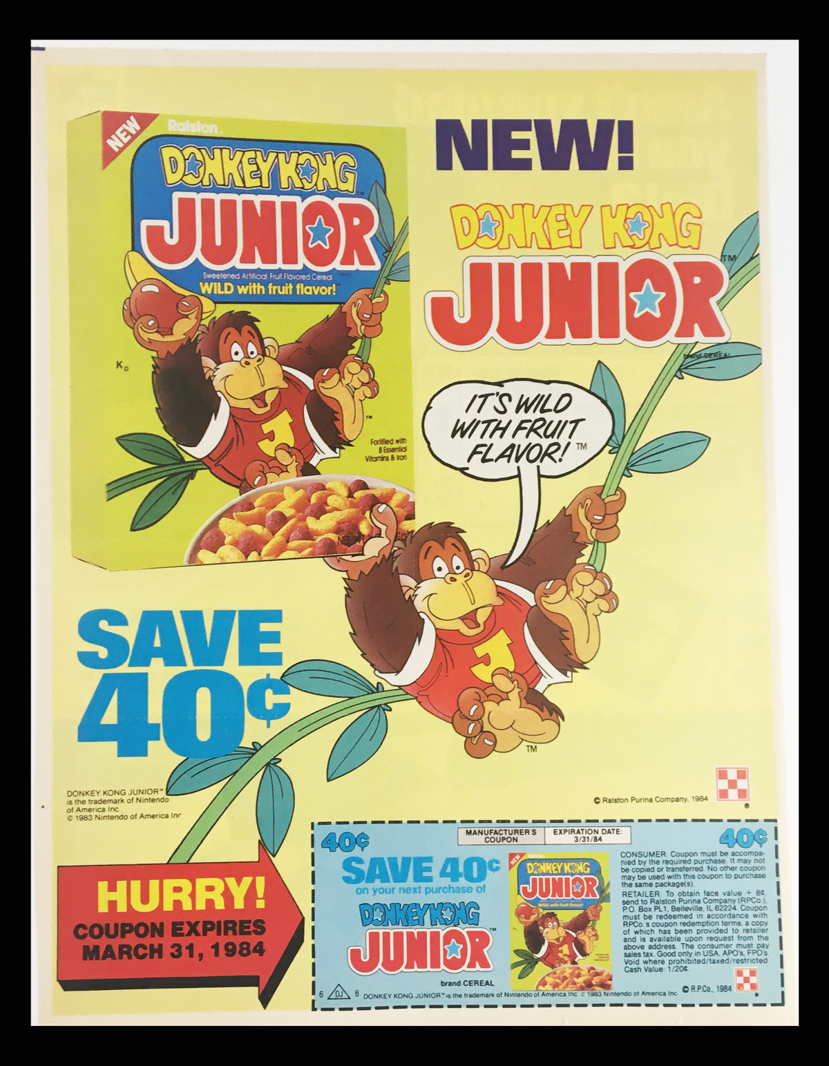 1984 Donkey Kong Junior Cereals Circular Coupon Advertisement featuring a colorful cereal box with Donkey Kong Junior mascot, savings offer, and coupon details, emphasizing the product's wild fruit flavor.