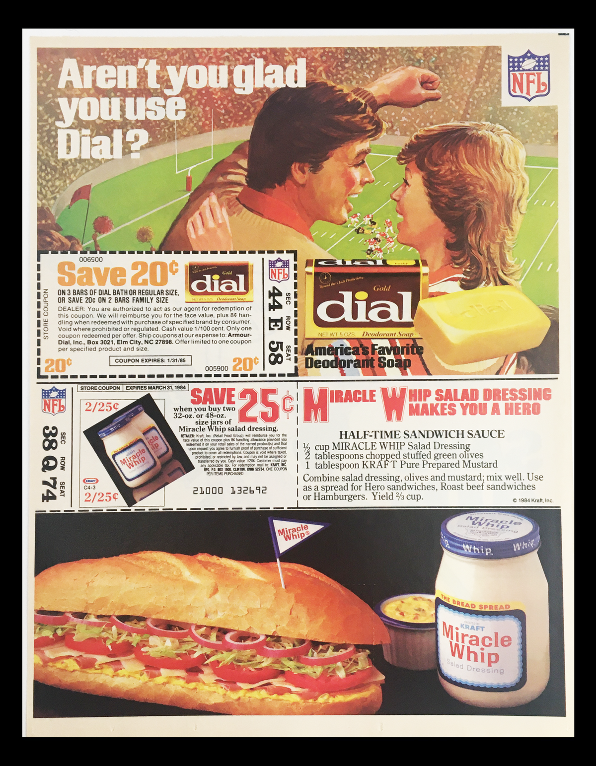 1984 advertisement featuring Dial Soap and Miracle Whip Salad Dressing coupons, highlighting savings offers and promoting both products in a vibrant, nostalgic layout.
