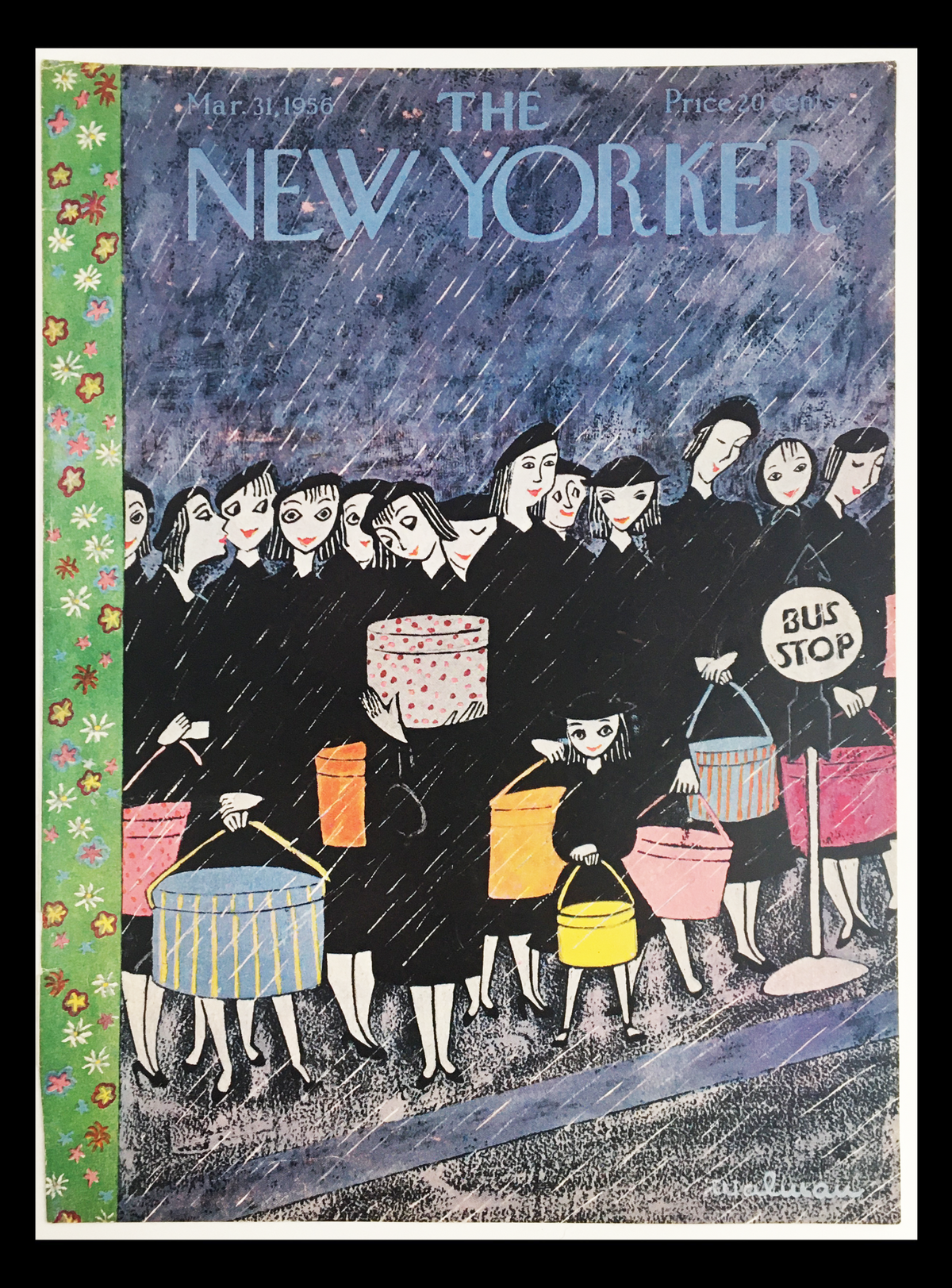 COVER ONLY The New Yorker March 31 1956 featuring a striking cover design by Christina Malman, depicting individuals with colorful baskets at a bus stop in the rain.