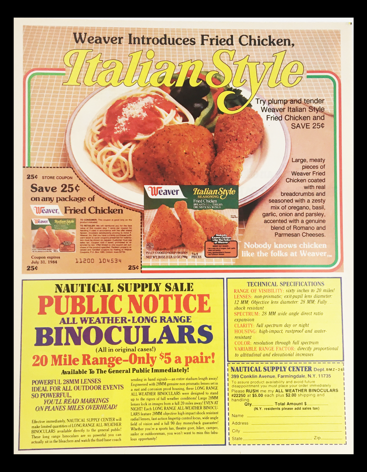 1983 Weaver Italian Style Seasoning Circular Coupon Advertisement featuring fried chicken and pasta dish with a savings coupon. Vintage design showcasing culinary trends from the 1980s.