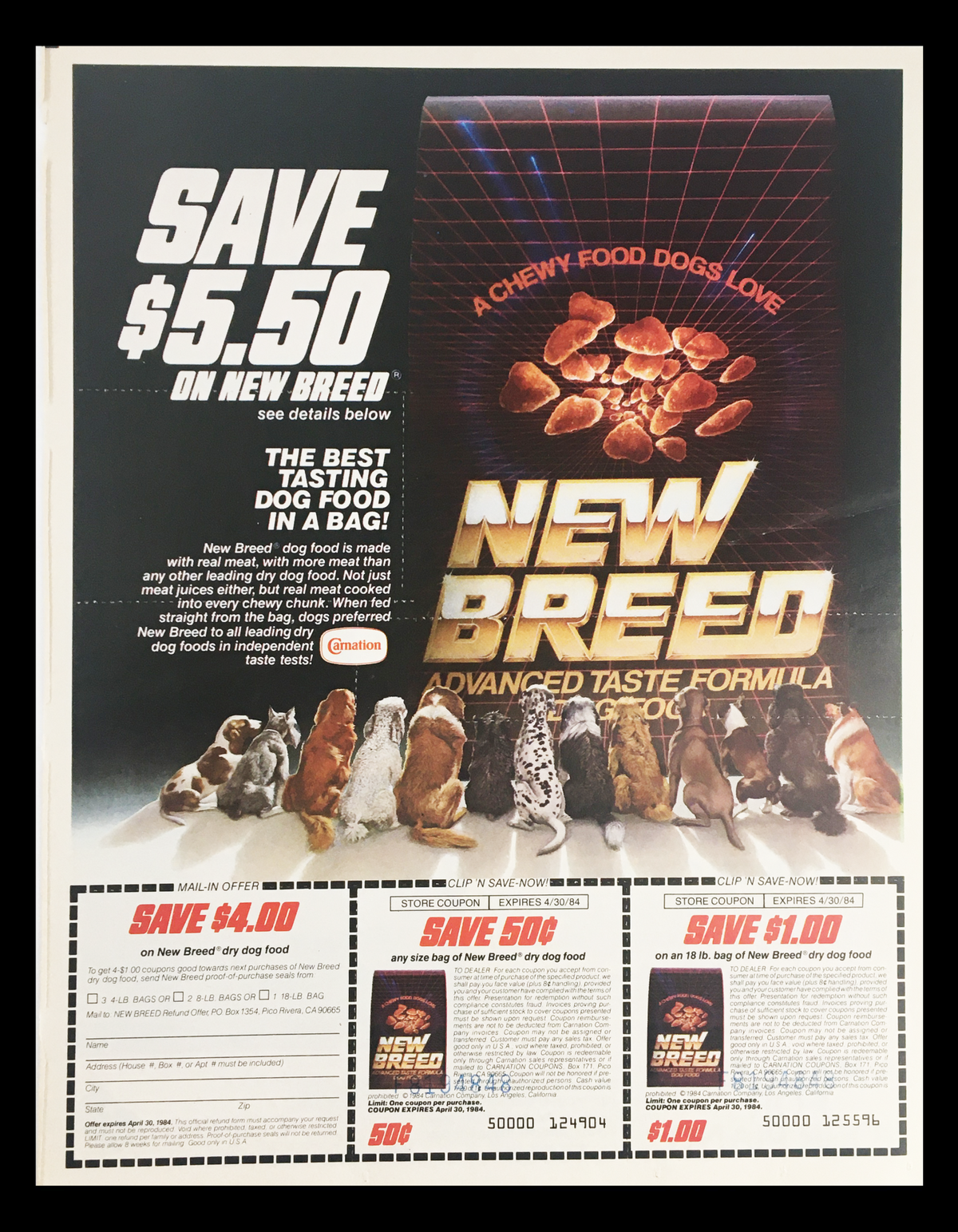 1984 New Breed Advance Taste Formula Dog Food Circular Coupon Advertisement showcasing a promotional offer with images of dogs and the text 'SAVE $5.50 on NEW BREED'. Highlights the benefits of New Breed dog food.