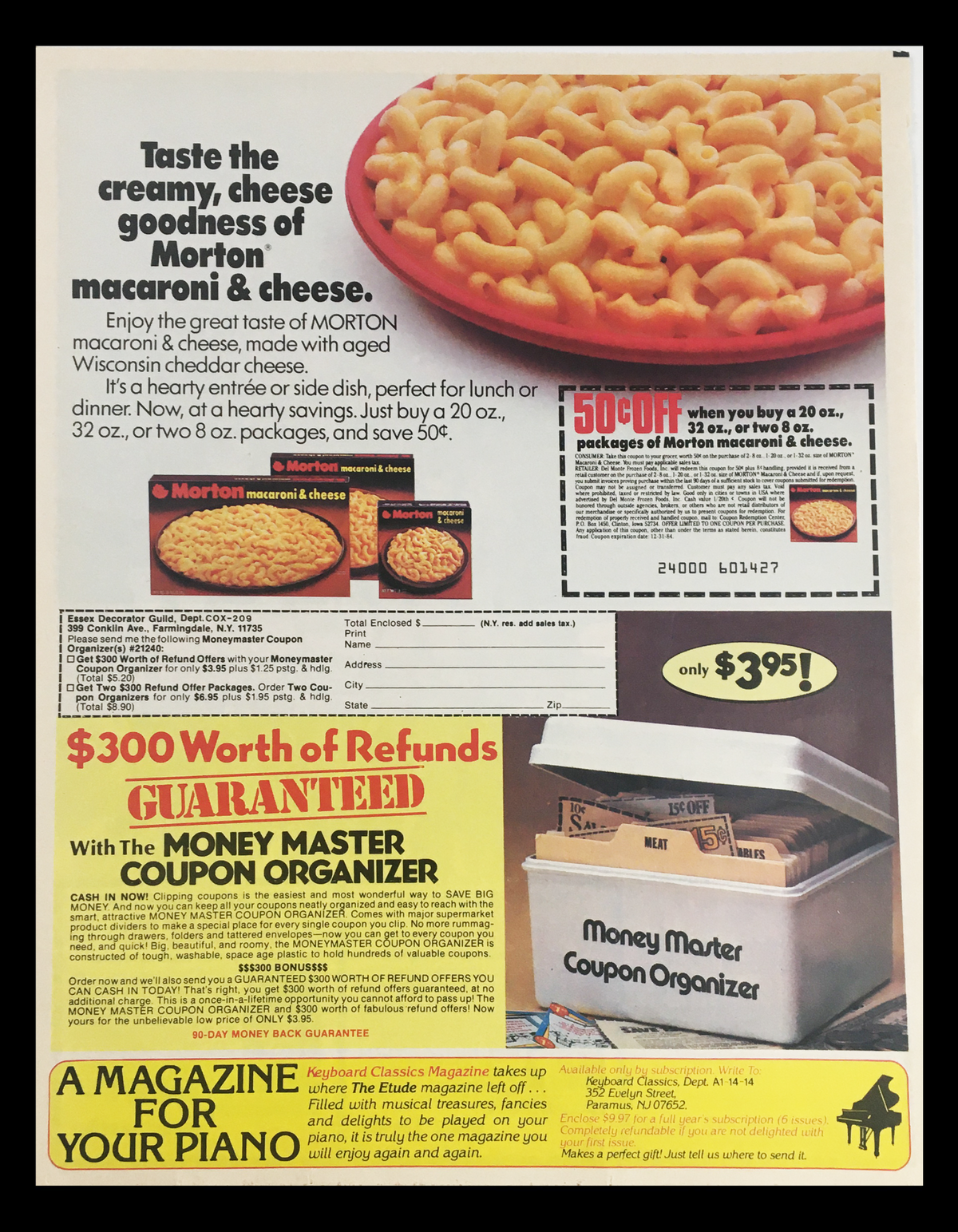 1984 advertisement for Morton macaroni and cheese featuring a delicious dish and a coupon offer. Includes information on savings and a guarantee featuring the Money Master Coupon Organizer.