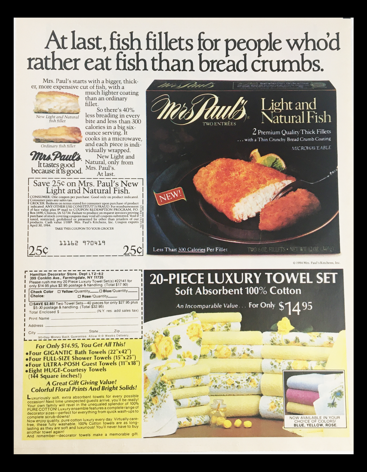 1984 Nabisco Home Hearth Yeast Bread Mix Circular Coupon Advertisement showcasing Mrs. Paul's Light and Natural Fish ad, emphasizing a coupon savings opportunity alongside the bread mix product.