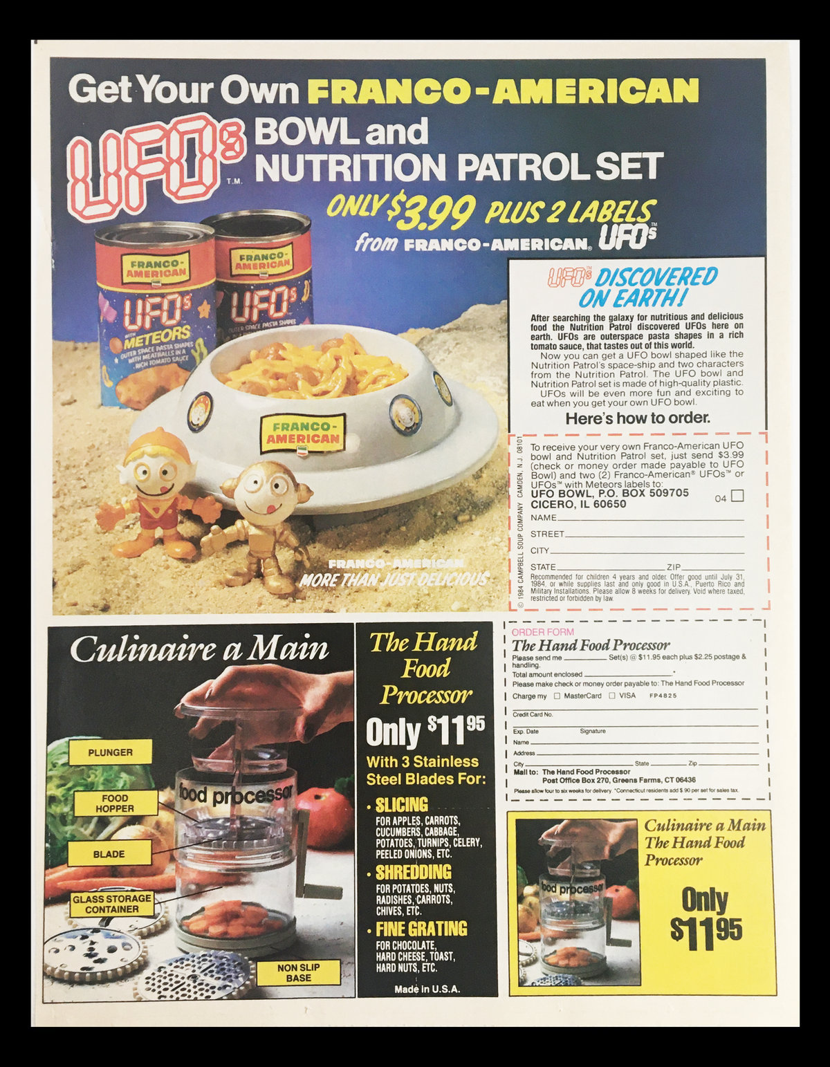 1984 Franco-American UFOs Bowl and Nutrition Patrol Set advertisement priced at $3.99, showcasing UFOs and a pasta dish, emphasizing unique products discovered on Earth.