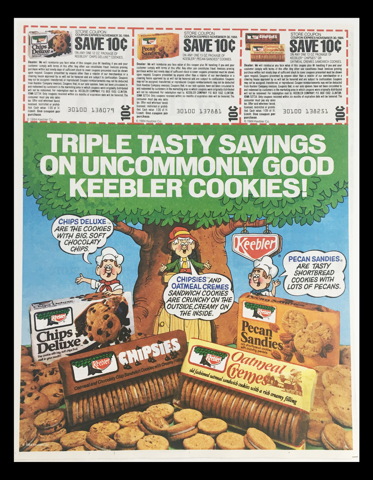 1984 Keebler Oatmeal Cremes & Cookies Circular Coupon Advertisement featuring various Keebler cookies including Chips Deluxe, Chips, Pecan Sandies and Oatmeal Cremes with a colorful tree and savings information.