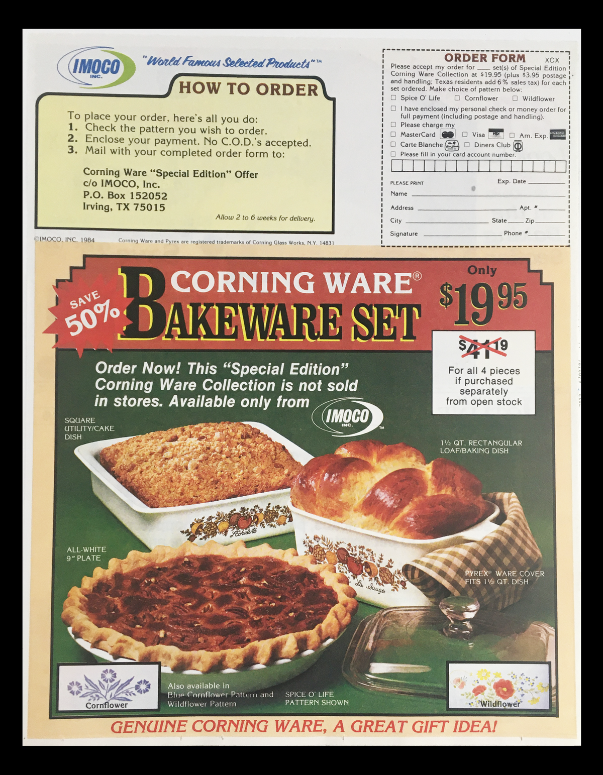 1984 Corning Ware Bakeware Set Circular Coupon Advertisement featuring a promotional offer of 50% off on a bakeware set, showcasing various dishes and an order form. Includes display of pricing and collection details in good condition.