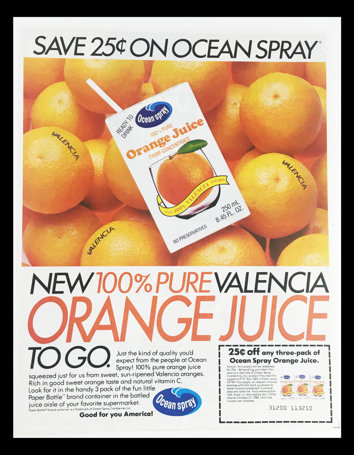 1984 Ocean Spray Pure Orange Juice Circular Coupon Advertisement featuring Valencia oranges with a coupon for 25 cents off three-pack of Ocean Spray Orange Juice.