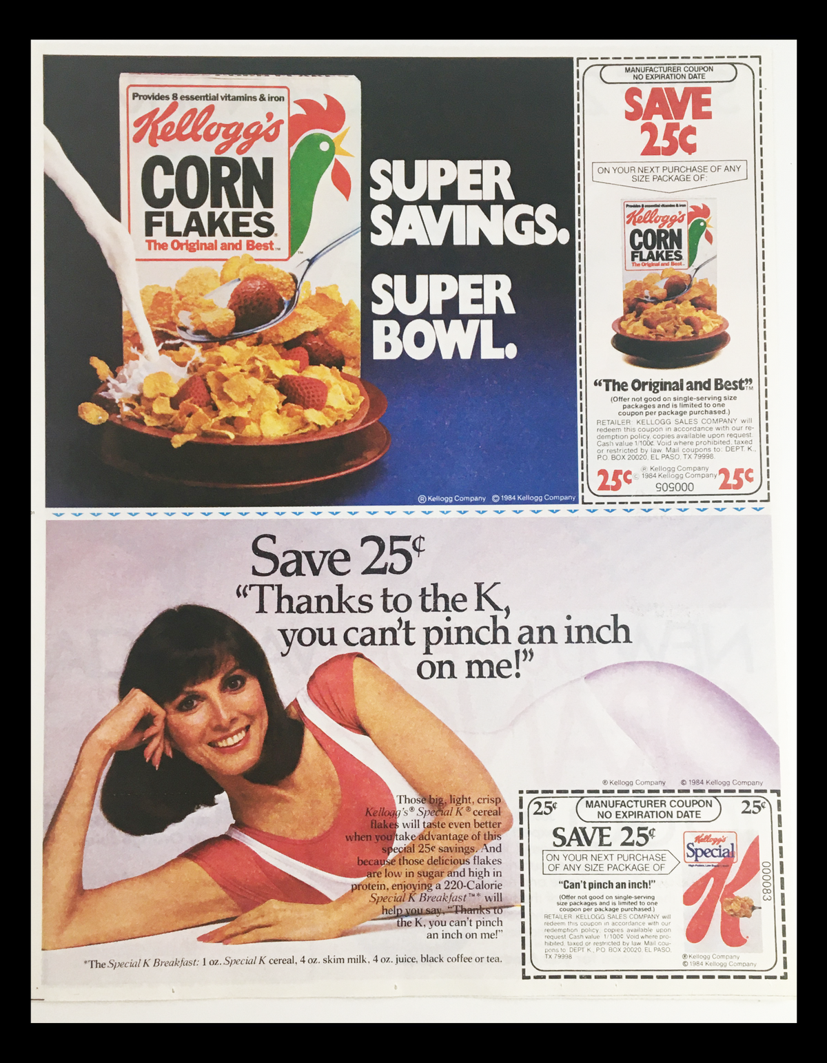 1984 Kellogg's Corn Flakes Coupon Advertisement showcasing a smiling woman with a cereal bowl and coupons offering 25 cents off any size package of Kellogg's products.