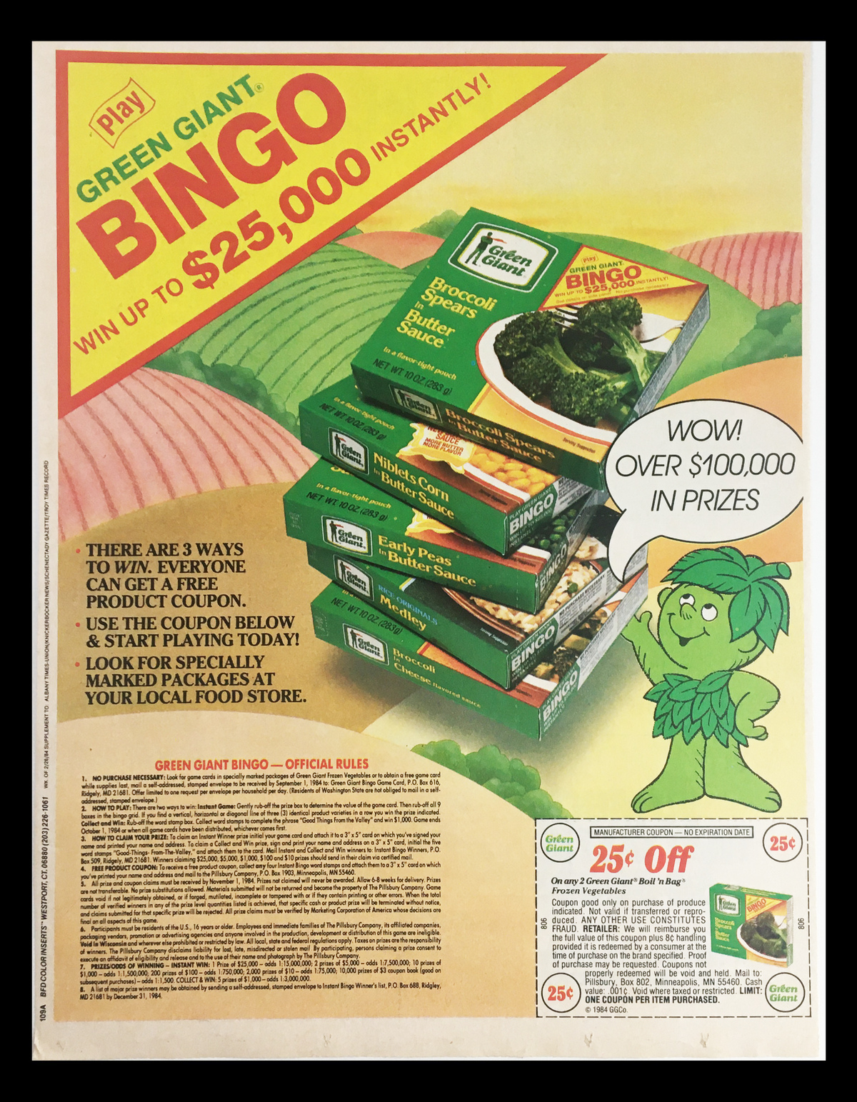 1984 Green Giant Broccoli Spears Bingo Circular Coupon Advertisement featuring a promotion for Green Giant Bingo to win up to $25,000 instantly, showcasing a variety of Green Giant frozen products.