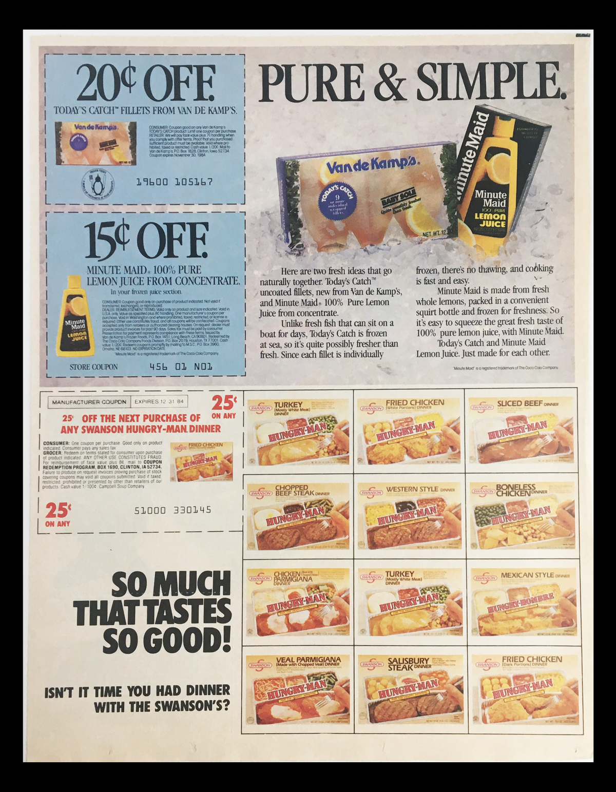Advertisement featuring various food products and discounts, including Van de Kamp's fish fillets and Swanson's dinner options, highlighting significant savings with promotional coupons.