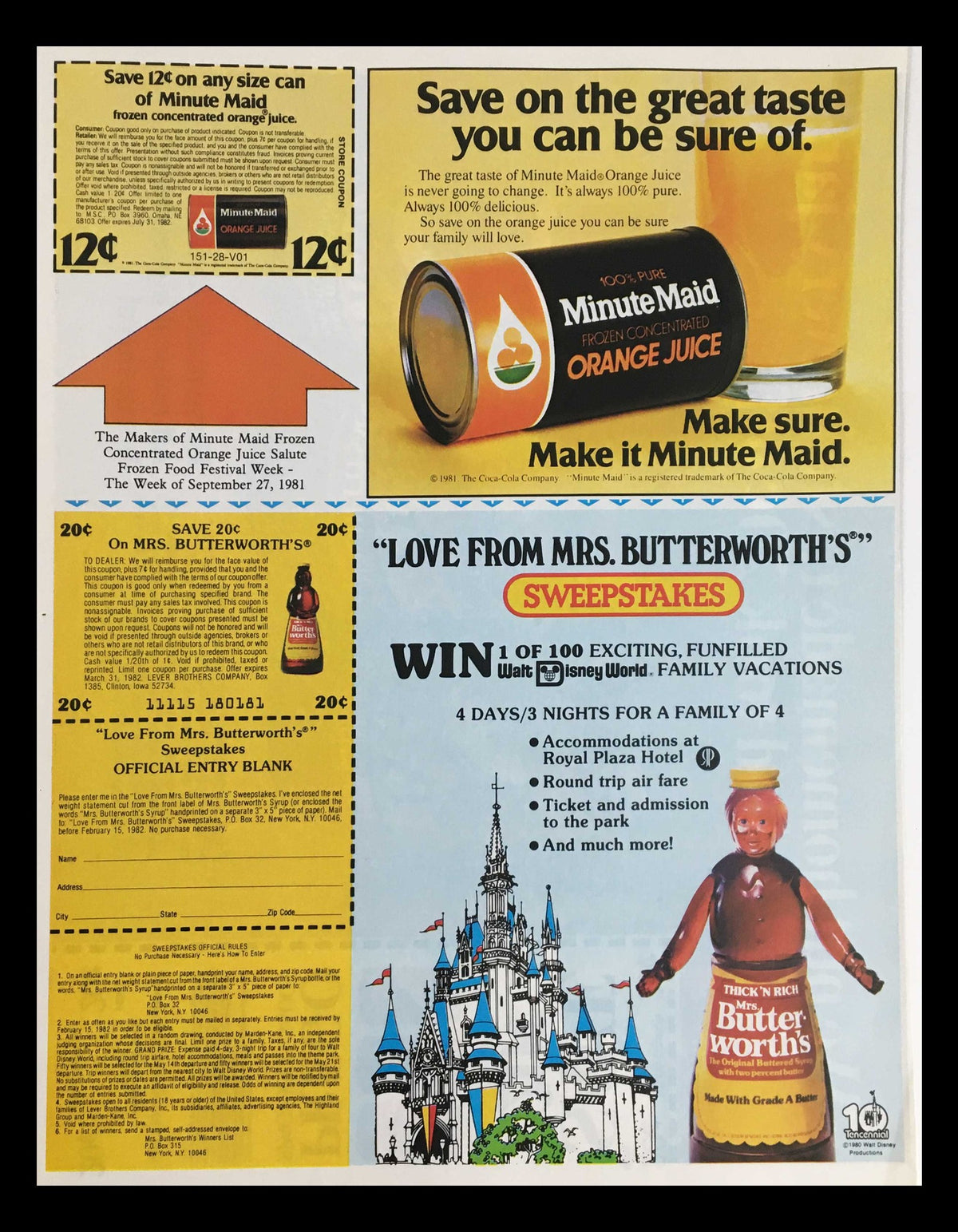 Promotional advertisement for Minute Maid and Mrs. Butterworth's with a sweepstakes offer. The image includes a coupon for savings, showcasing beverage products and promoting an exciting giveaway, relevant to the era of 1982.