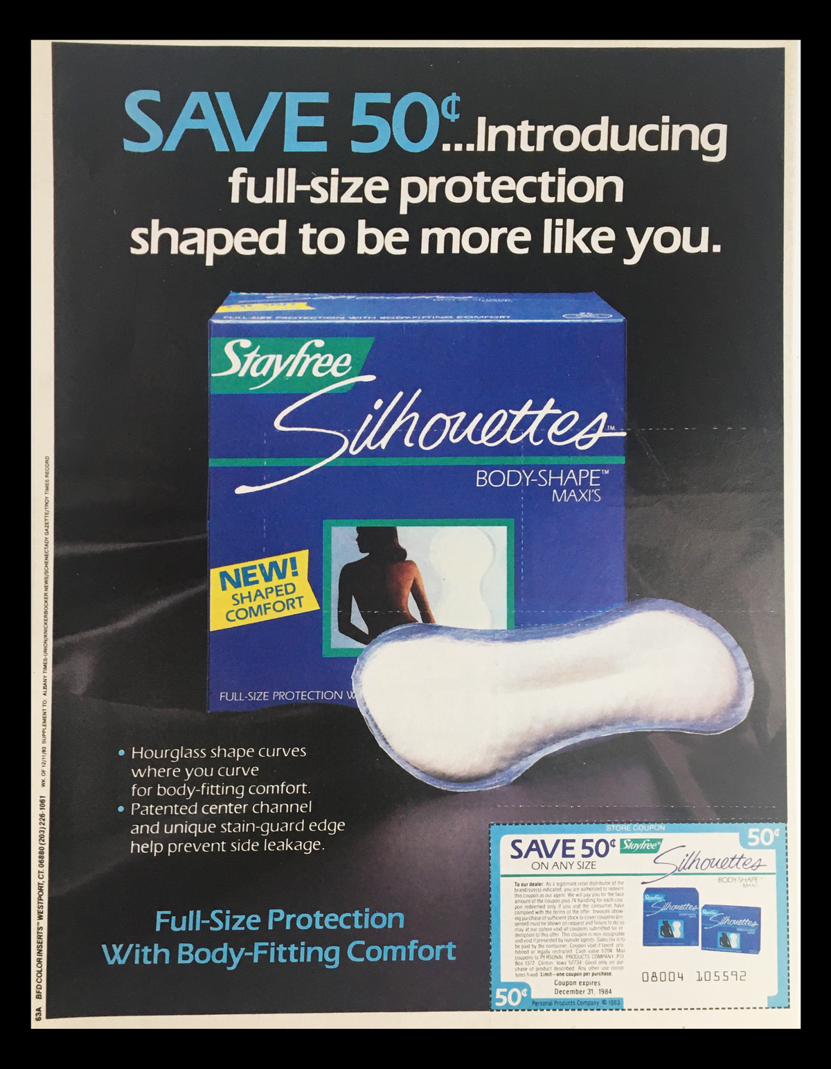 1984 Stayfree Silhouettes Body-Shape Maxis Circular Coupon Advertisement showcasing the product packaging and a coupon for savings, emphasizing full-size protection with body-fitting comfort.