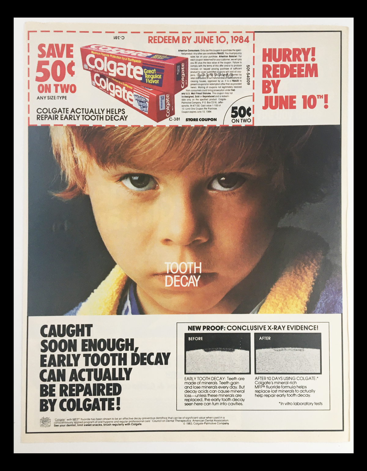 1983 General Mills Honey Nut Cheerios Cereals Circular Coupon Advertisement showcasing a nostalgic cereal coupon; includes an image of a young boy and a Colgate toothpaste ad with promotional text.