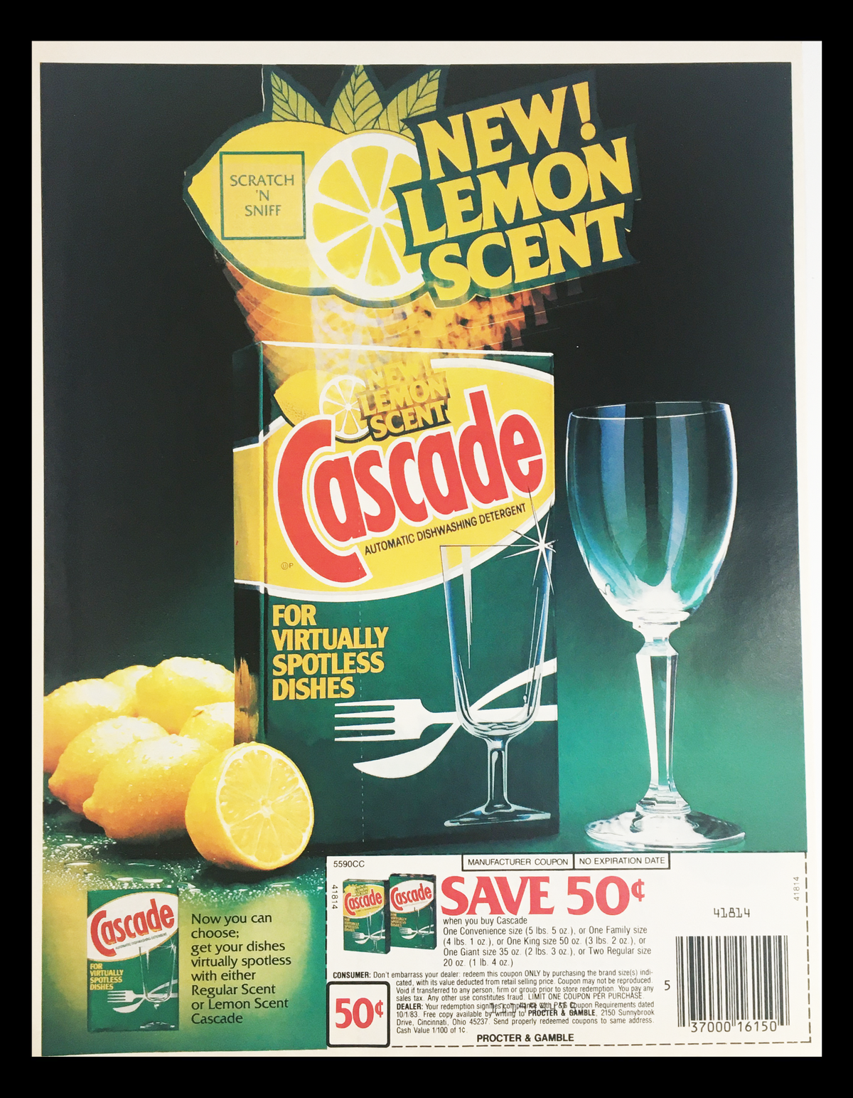 1984 Cascade Lemon Scent Dishwashing Detergent Circular Coupon Advertisement featuring a product image with a 'New! Lemon Scent' label, highlighting its effectiveness for virtually spotless dishes. Coupon for 50 cents off included.