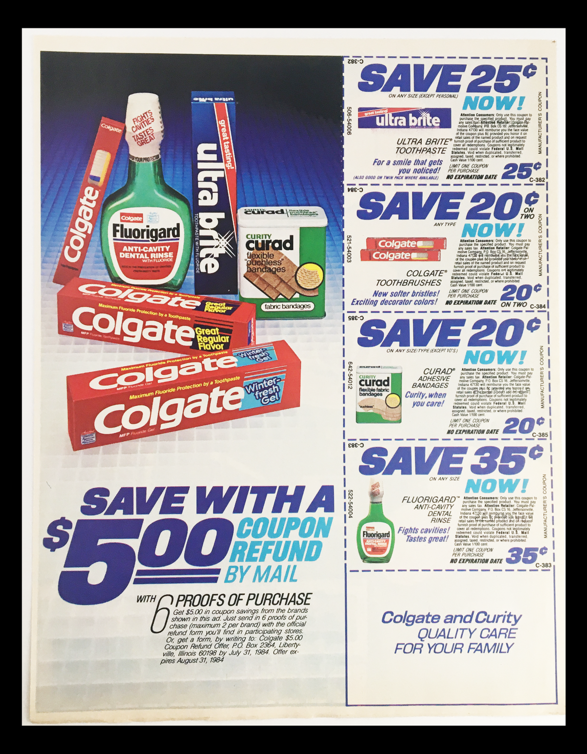 1984 Colgate and Curity dental products advertisement showcasing various items with information about available coupons, including a $5.00 refund offer with proofs of purchase. Includes prominent images of Ultra Brite and other Colgate products.