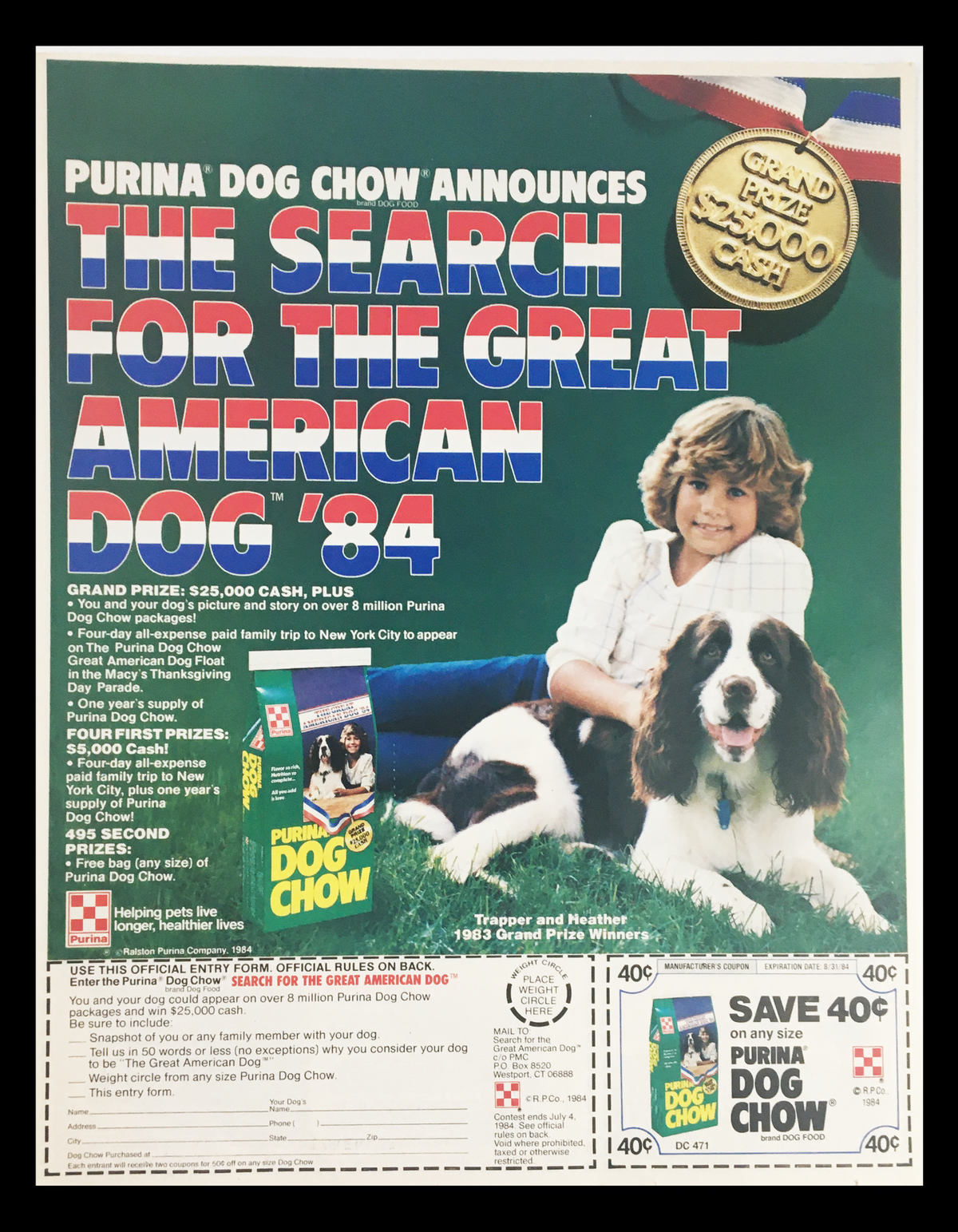 1984 Purina Dog Chow Dog Food Circular Coupon Advertisement featuring a child with a dog, promoting a contest for the Great American Dog with details about prizes and a coupon offer.