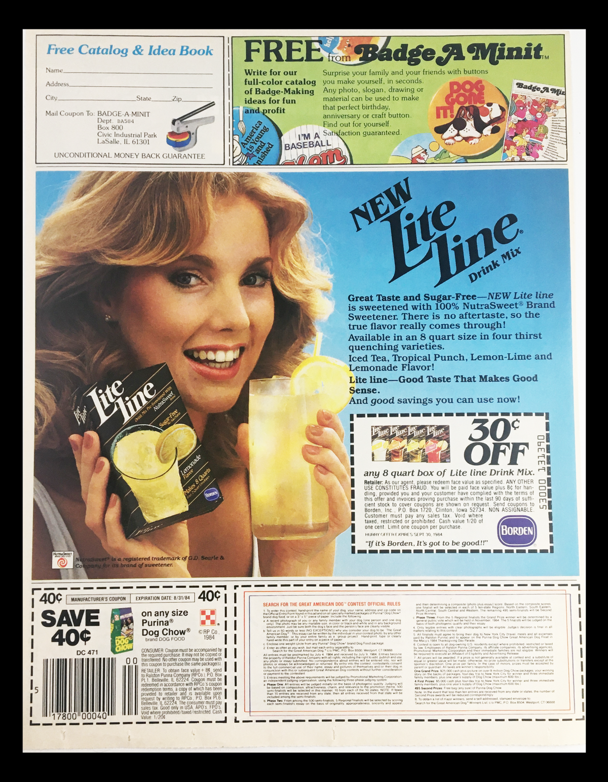 1984 Purina Dog Chow Dog Food Circular Coupon Advertisement showcasing a vintage ad with a smiling woman holding a drink, featuring the product 'Lite Line Drink Mix'. Includes details about the coupon and promotional offers.