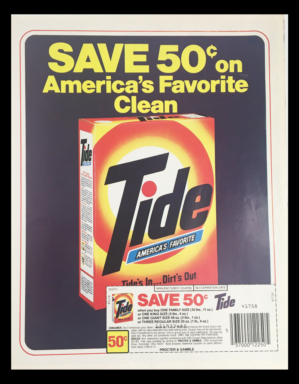1984 Tide America's Favorite Laundry Detergent Circular Coupon Advertisement showing a box of Tide detergent with a save 50¢ offer.