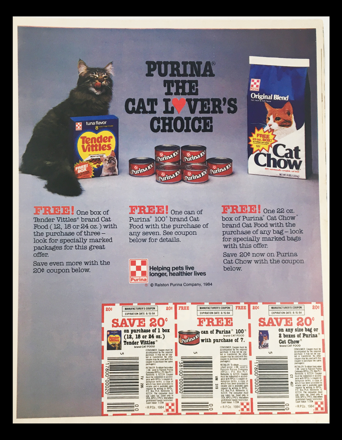 1984 advertisement for Purina cat food featuring a cat and promotional offers, including various coupons to save on Tender Vittles and Purina Cat Chow.