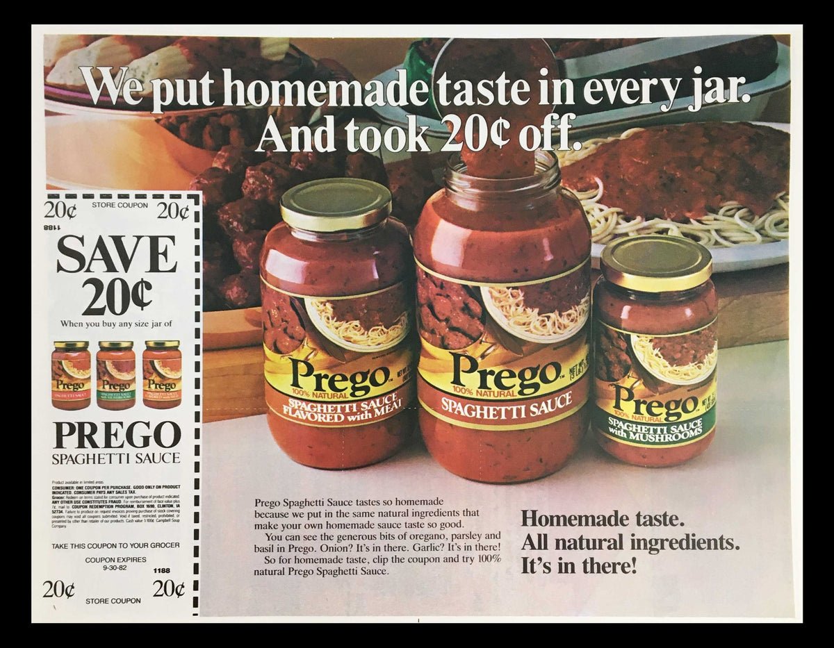 1982 Prego Spaghetti Sauce Flavored with Meat Circular Coupon Advertisement featuring jars of Prego spaghetti sauce and a coupon to save 20 cents. The image highlights the homemade taste and quality of the sauce, illustrating the product's branding.