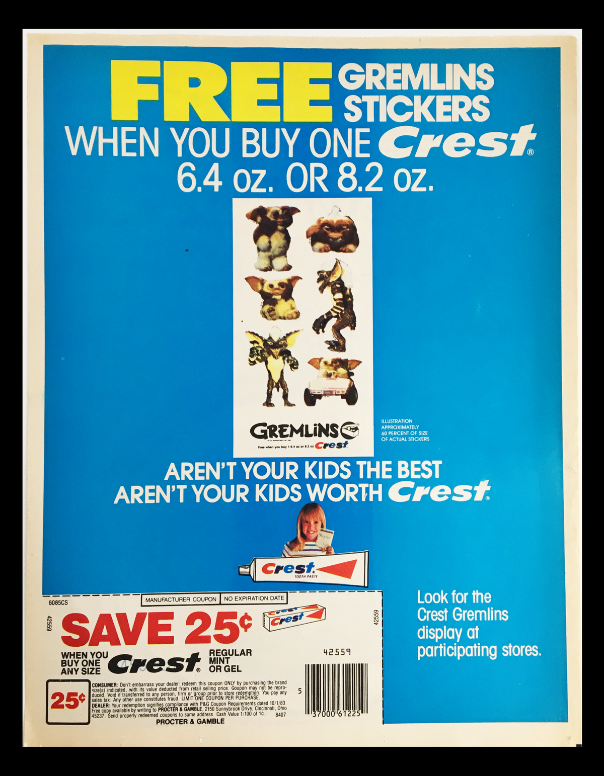 1984 Crest Toothpaste Gremlin Stickers Circular Coupon Advertisement featuring gremlin stickers promotion with a bold blue background and images of gremlins. Size: 11 1/4 x 8 3/4, original ad in good condition.