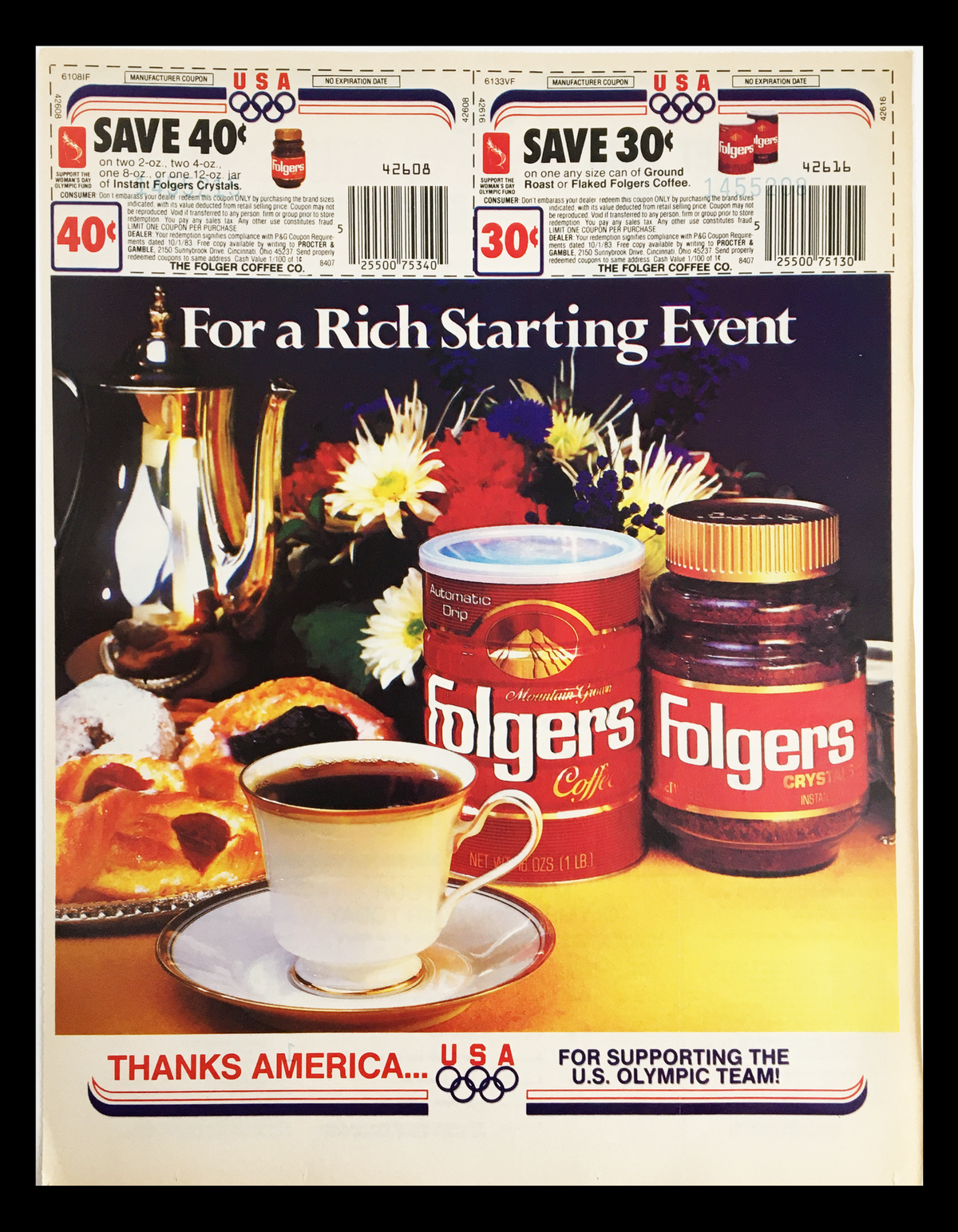 1984 Folgers Coffee U.S. Olympic Team Circular Coupon Advertisement featuring a rich coffee setting with products, a cup, and floral decor.