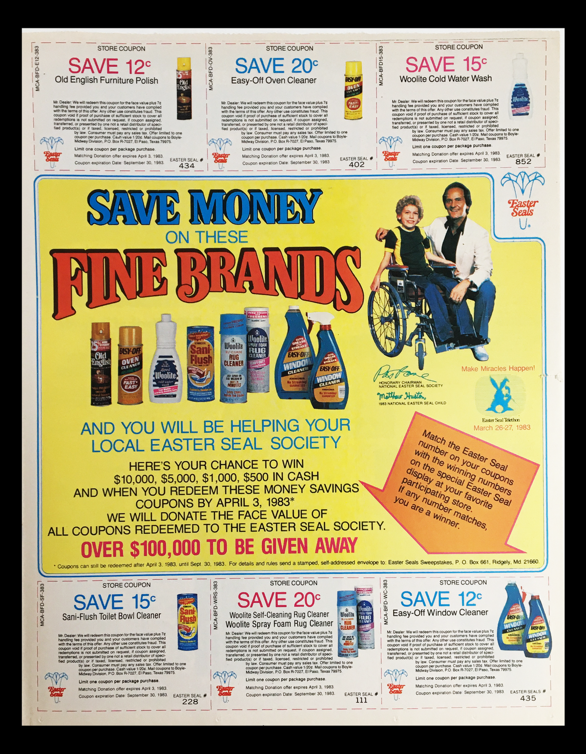 1983 Fine Brands Easter Seal Society Circular Coupon Advertisement featuring various cleaning products and a child in a wheelchair, promoting coupons and a charitable initiative.