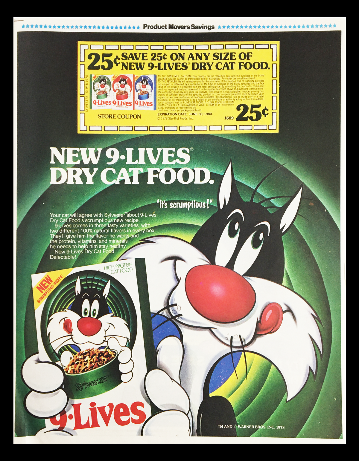 1980 Warner Bro's 9-Lives Dry Cat Food Circular Coupon Advertisement featuring Sylvester the Cat, showcasing the product and a coupon saving 25 cents on any size of New 9-Lives Dry Cat Food, in good condition with visible creases.