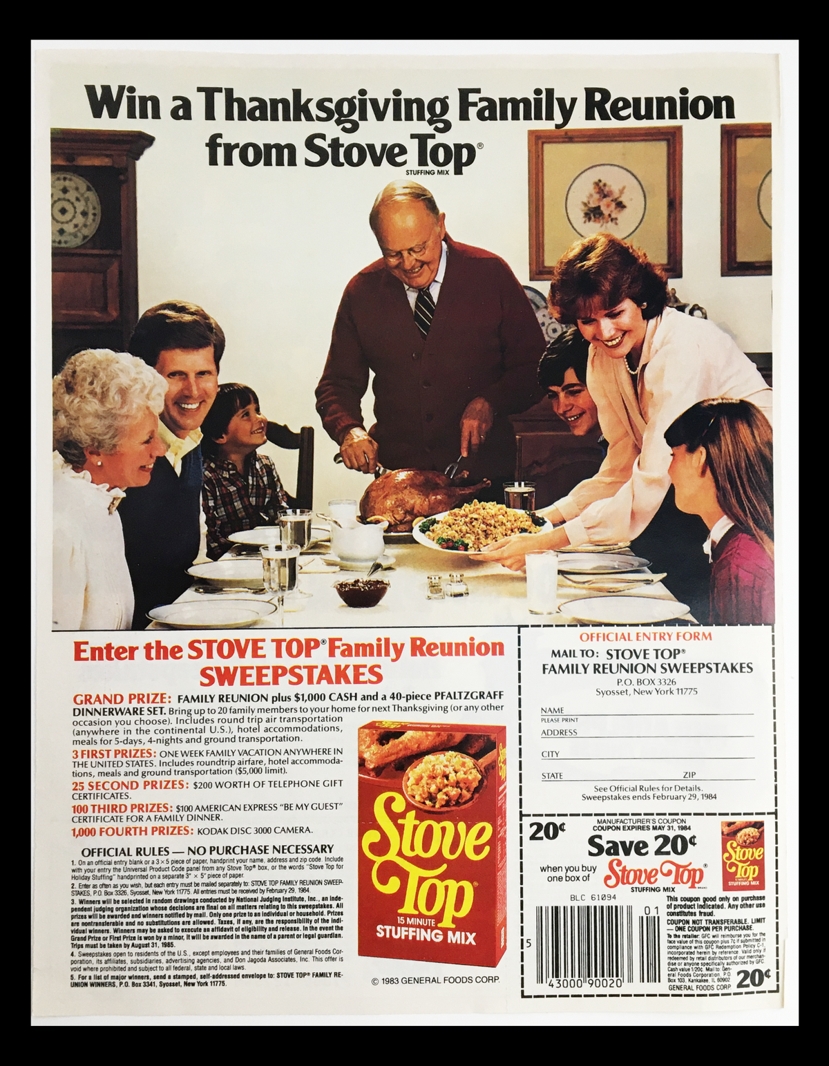 1983 Stove Top 15 Minute Stuffing Mix Circular Coupon Advertisement featuring a family gathered around a Thanksgiving table with a turkey and stuffing, promoting a sweepstakes for a family reunion.
