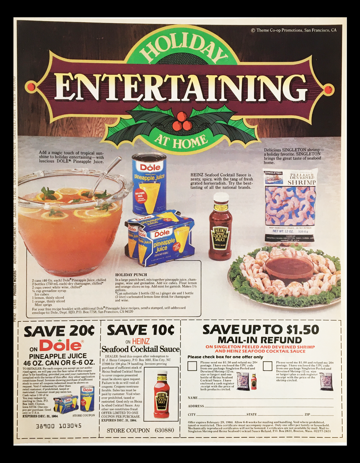 1984 Dole Holiday Entertaining at Home Circular Coupon Advertisement featuring a festive punch bowl, seasonal products, and promotional savings on Dole products and Heinz sauces, all in vibrant colors.