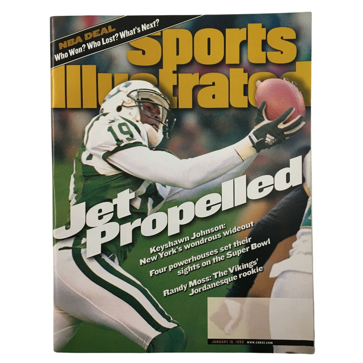 Lot of 6 1980s-1990s Sports Illustrated Magazine NFL Football Payton Favre Elway - Cover showcasing Keyshawn Johnson in New York Jets uniform, titled 'Jet Propelled,' highlighting prominent NFL figures.
