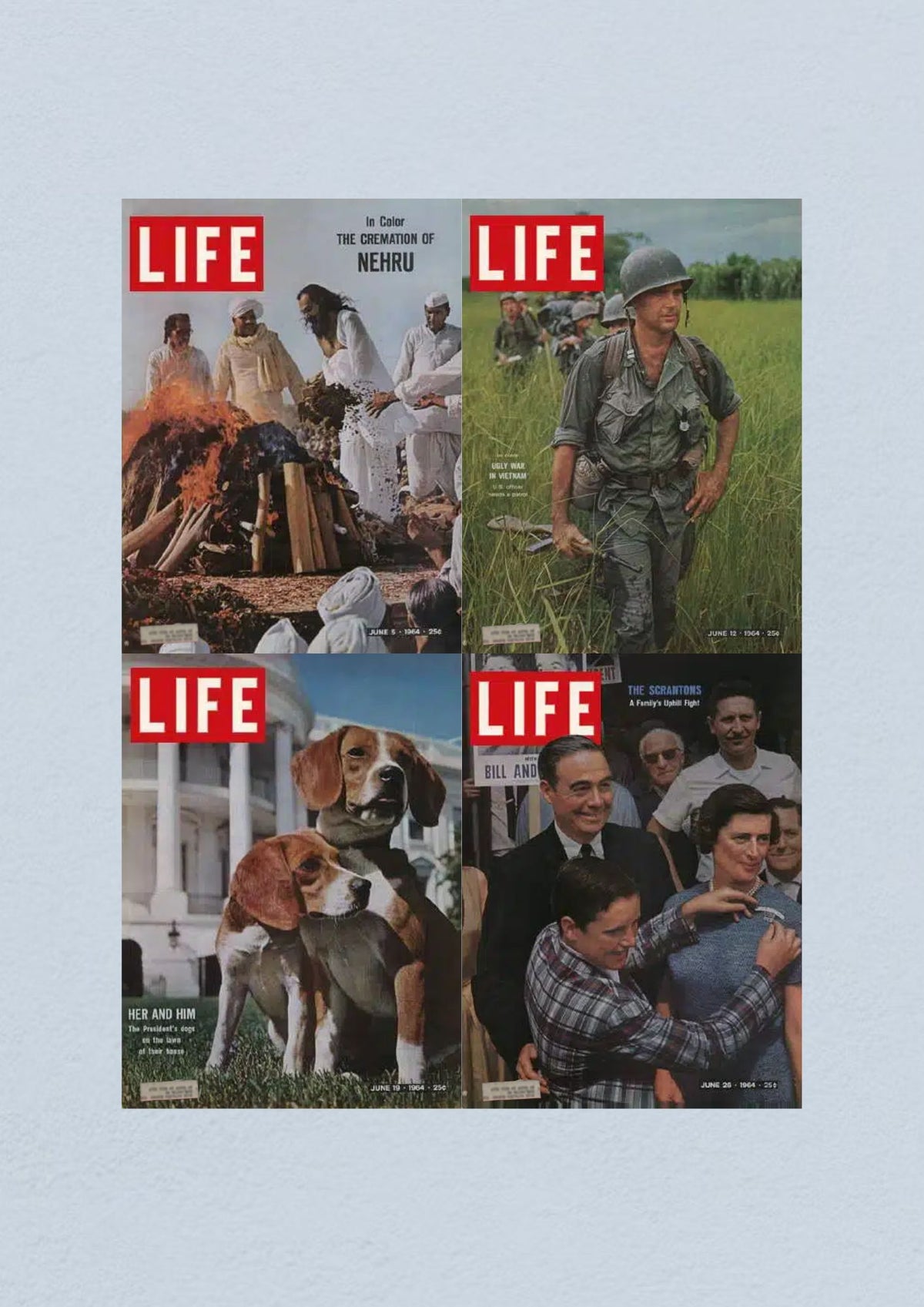 Life Magazine Lot of 4 Full Month June 1964 featuring Civil Rights Era covers, including the June 5 issue on the Cremation of Nehru, the June 12 issue on the Ugly War in Vietnam, the June 19 issue about President Johnson with beagle dogs, and the June 26 issue exploring Civil Rights.