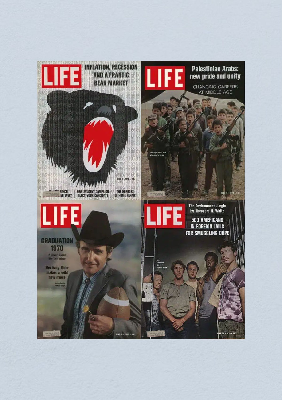 Life Magazine Lot of 4 Full Month June 1970 - Cover June 26: Individuals standing together in a foreign jail for smuggling dope.