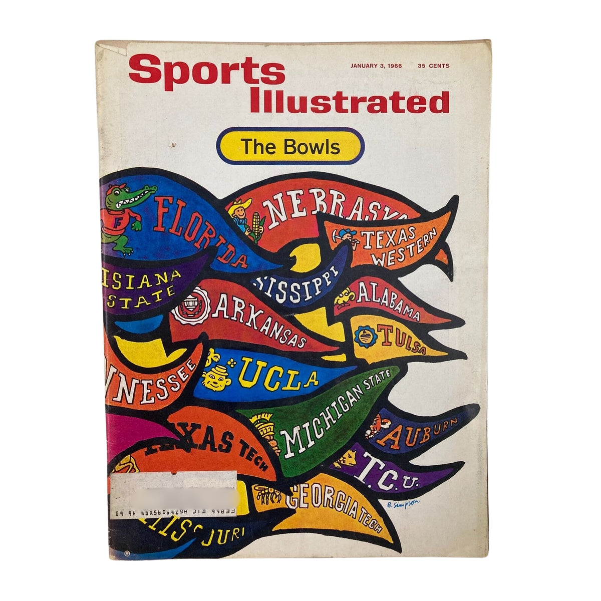 Lot of 9 1960s-1970s Sports Illustrated Magazine College Football Collection showcasing The Bowls, January 3, 1966 issue with colorful college pennants.