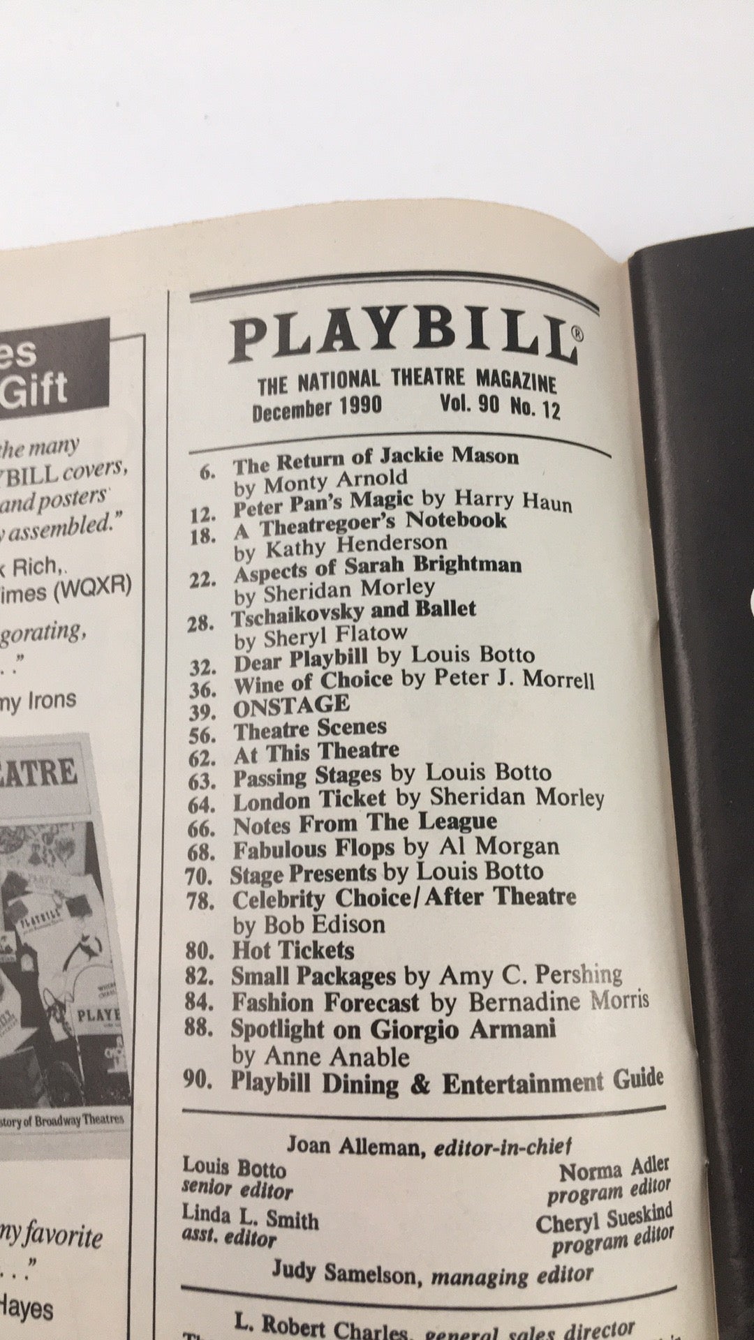 Interior page of the December 1990 Playbill showing various theater listings and articles.
