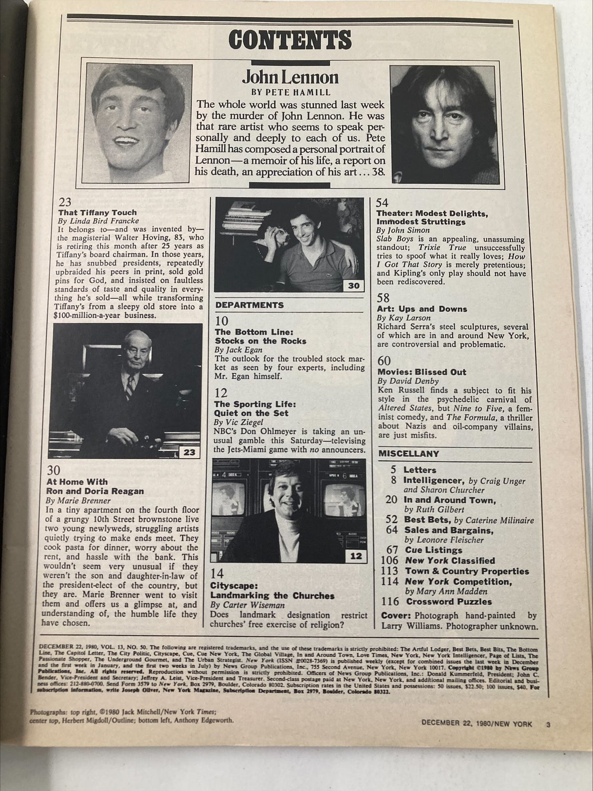 Contents page of the VTG New York Magazine December 22, 1980, Vol 13 #50, highlighting articles related to John Lennon and various features from the issue, including sections on culture and society.