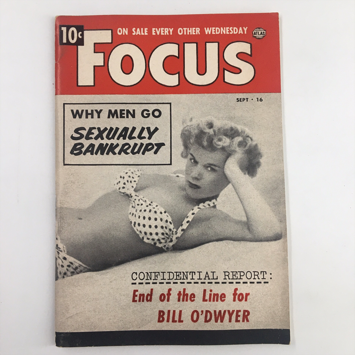 VTG Focus Magazine September 16 1953 cover featuring the headline 'End of the Line for Bill O'Dwyer' and a vintage image of a woman in a bikini. The magazine is known for its discussions of historical and cultural topics in mid-century America.