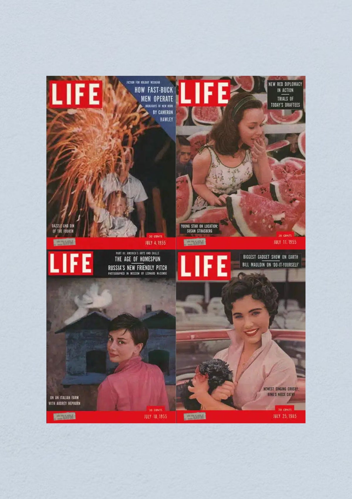 Life Magazine Lot of 4 Full Month July 1955 cover featuring July 4th celebrations with fireworks, and July 11th cover showcasing Susan Strasberg with watermelons, and July 18th with Audrey Hepburn, concluding with July 25th cover featuring a smiling woman with a pet.