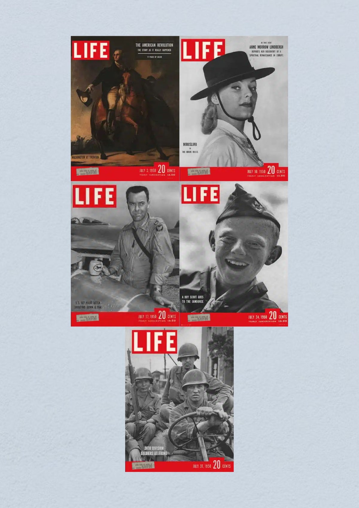 Life Magazine Lot of 5 Full Month July 1950 Cover featuring July 31 edition showing soldiers of the 20th Division at the front.