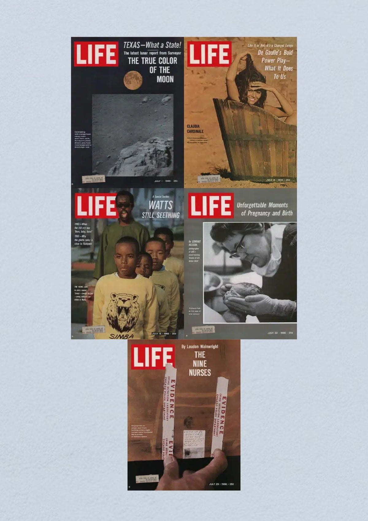Life Magazine Lot of 5 Full Month of July 1966 - July 29 issue titled 'The Nine Nurses' discussing nursing evidence and contributions to healthcare.