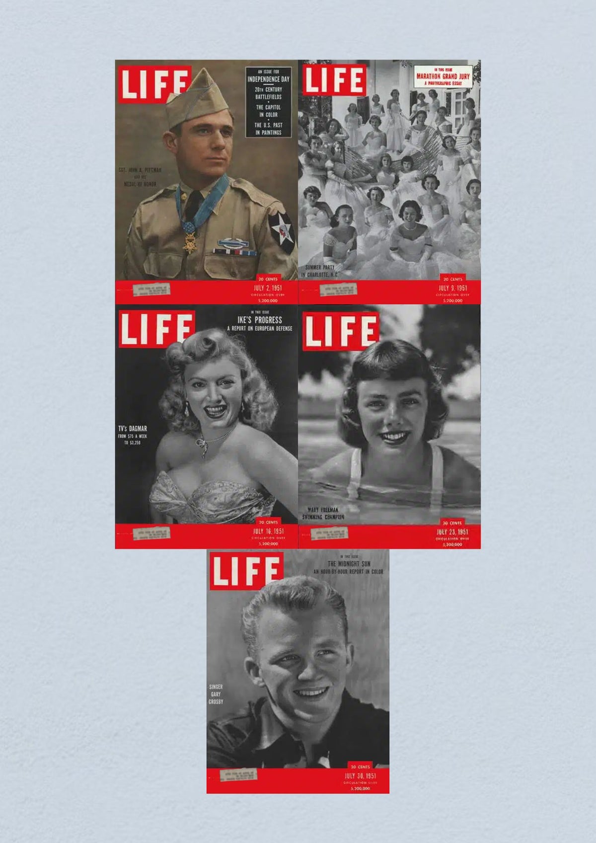 Life Magazine Lot of 5 Full Month July 1951 Covers including July 2 with Sgt. John A. Pittman, July 9 featuring a summer party in Charlotte, July 16 with actress Ty's Damar, July 23 showcasing swimming champion Mery Freedman, and July 30 featuring singer Gary Crosby.